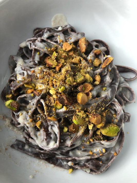 Chocolate Tagliatelle with Gorgonzola Sauce and Pistachio