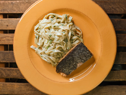 Lemon Cracked Pepper Tagliatelle with Cilantro Sauce and Salmon